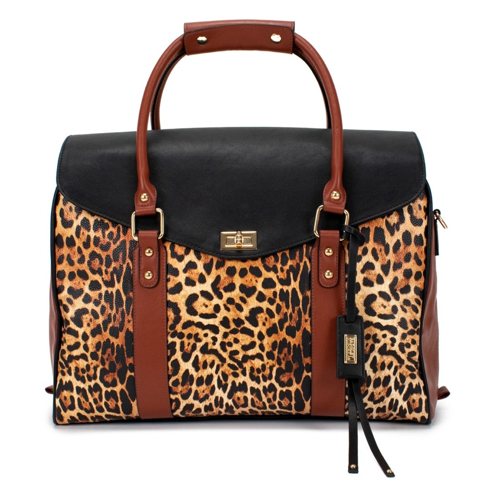 Badgley Mischka Leopard Print Travel Bag with Black and Brown Accents